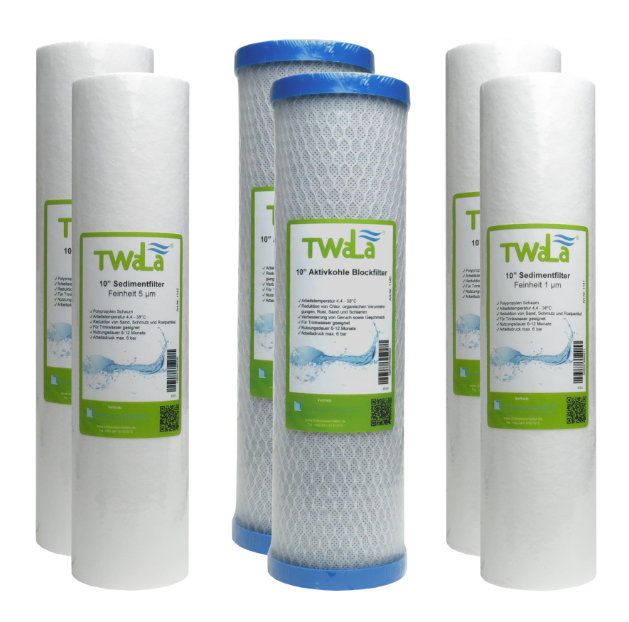 Set Ersatzfilter 1 und Sedimentfilter TWaLa Wasserfilter 10″ Umkehrosmoseanlage – Wasserfilter Jahr 6-teilig RO Aktivkohleblockfilter